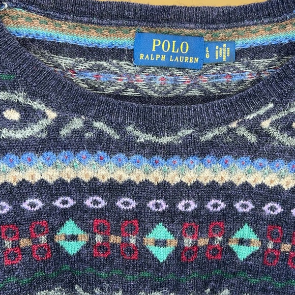 Polo Ralph Lauren Fair Isle Ruffle-Trim Jumper Sweater Large Blue - Picture 4 of 5